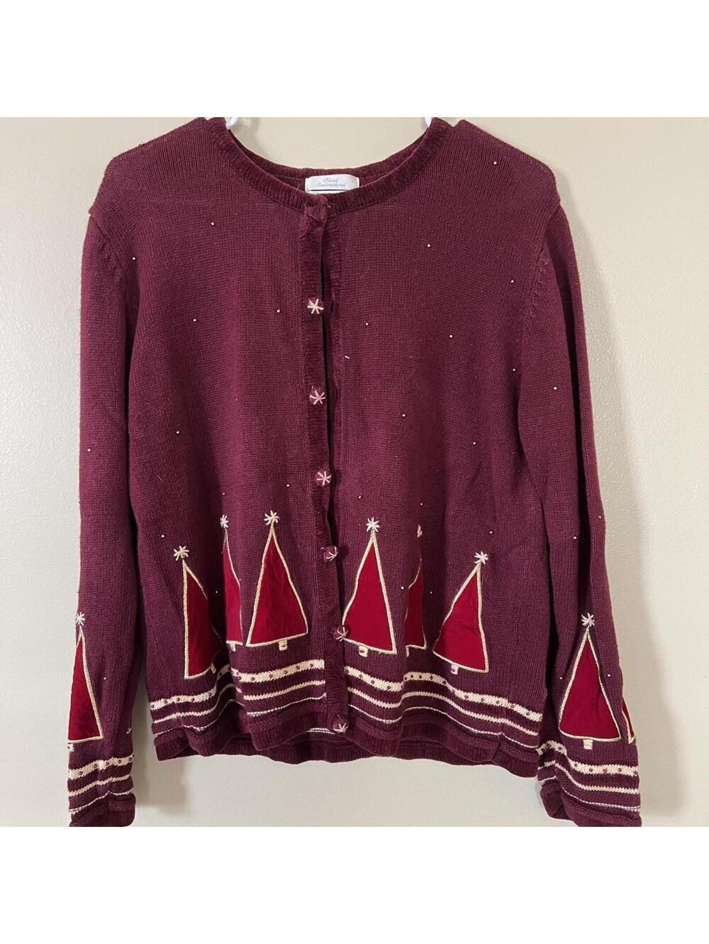 Christopher & Banks Women's Burgundy and Red Christmas Tree Sweater